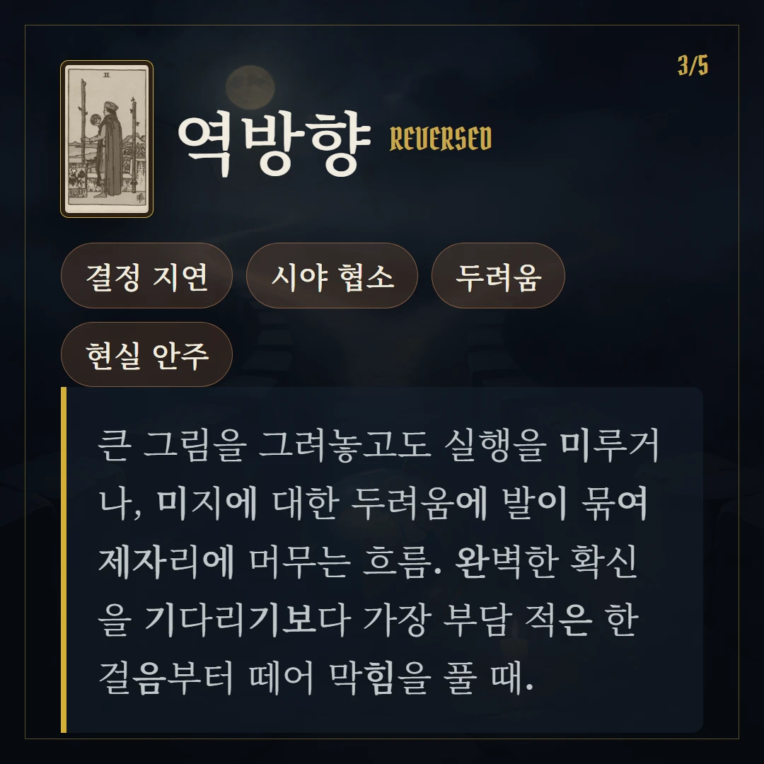 완드 2(Two of Wands) 역방향 키워드와 의미