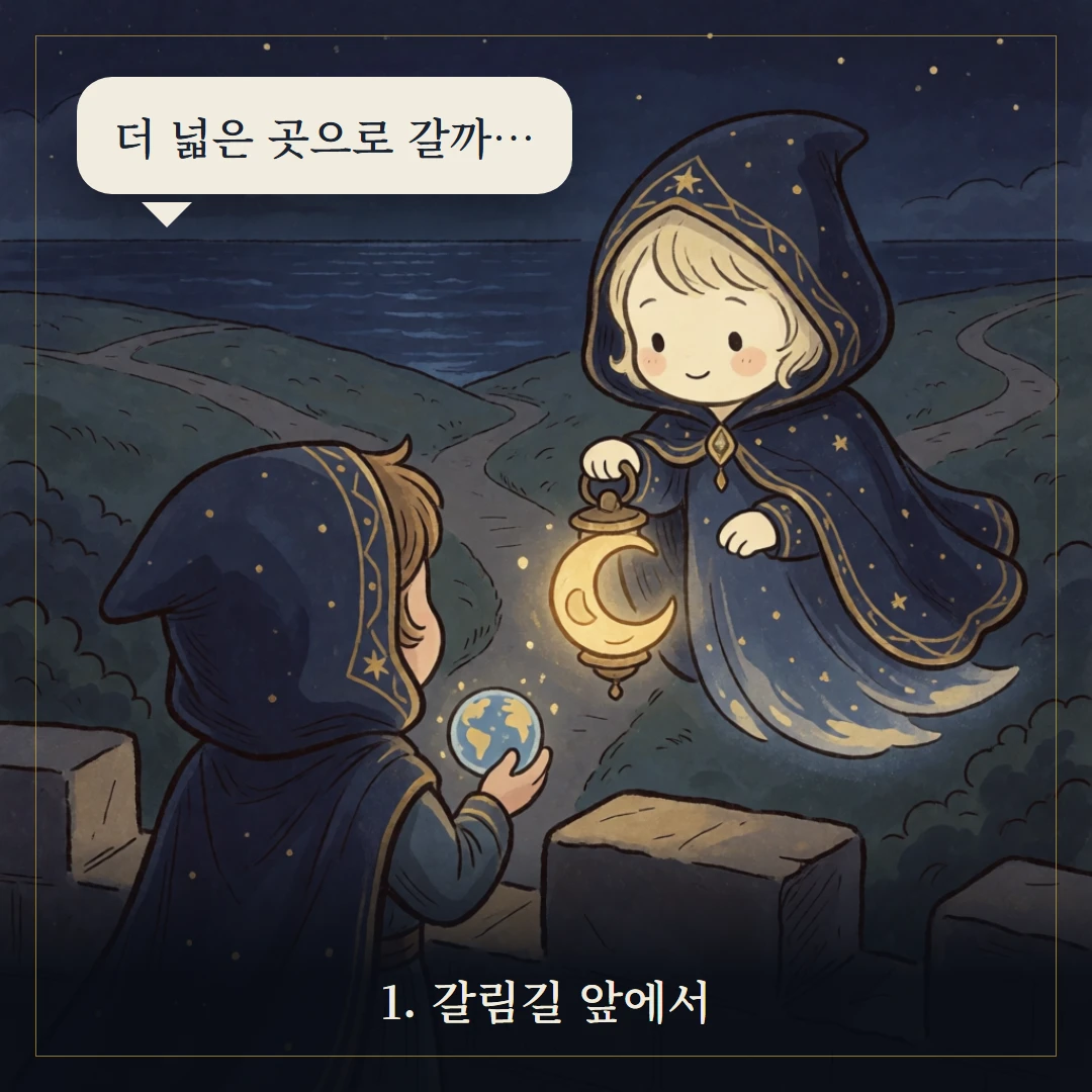 완드 2(Two of Wands) 웹툰 1컷 — 갈림길 앞에서