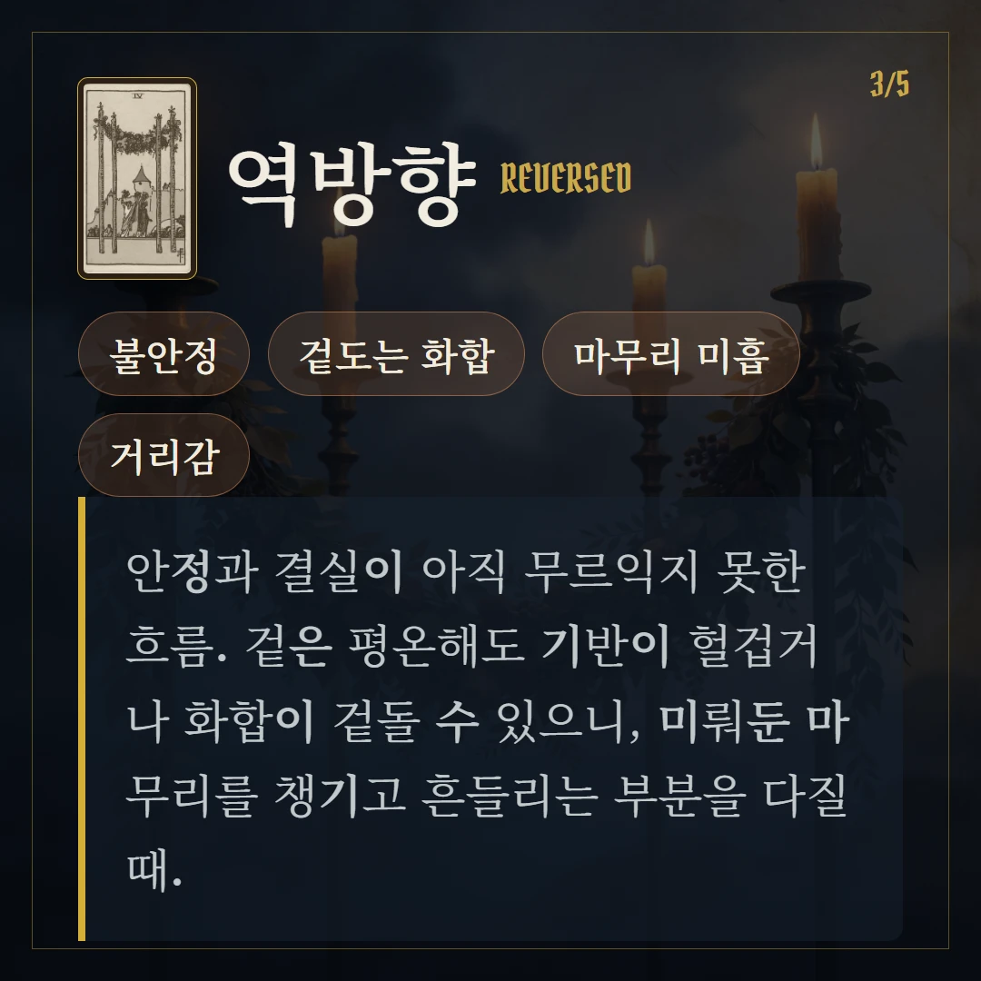 완드 4(Four of Wands) 역방향 키워드와 의미