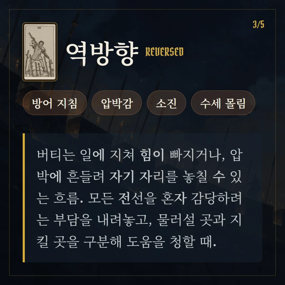 완드 7(Seven of Wands) 역방향 키워드와 의미