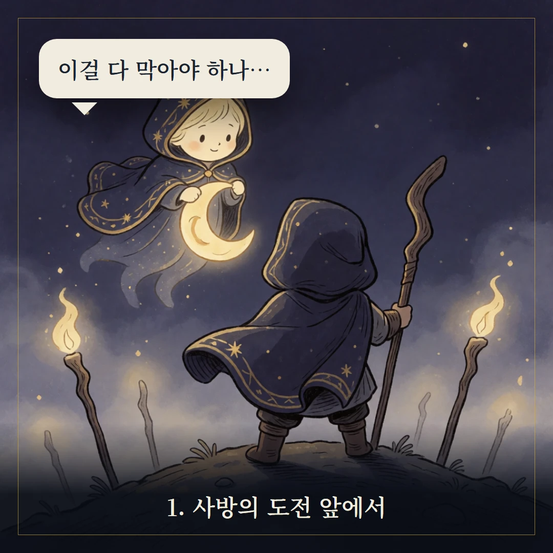 완드 7(Seven of Wands) 웹툰 1컷 — 갈림길 앞에서
